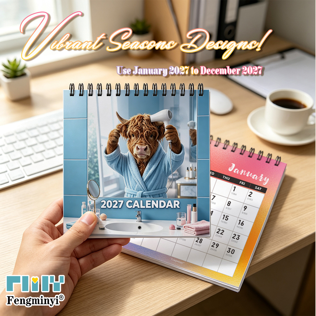 2d flat 1 book 2027 desktop calendar highland calf desk calendar 14 14cm spiral bound quirky   art mini desk calendar monthly planner notebook   decoration funny   gift 2d flat