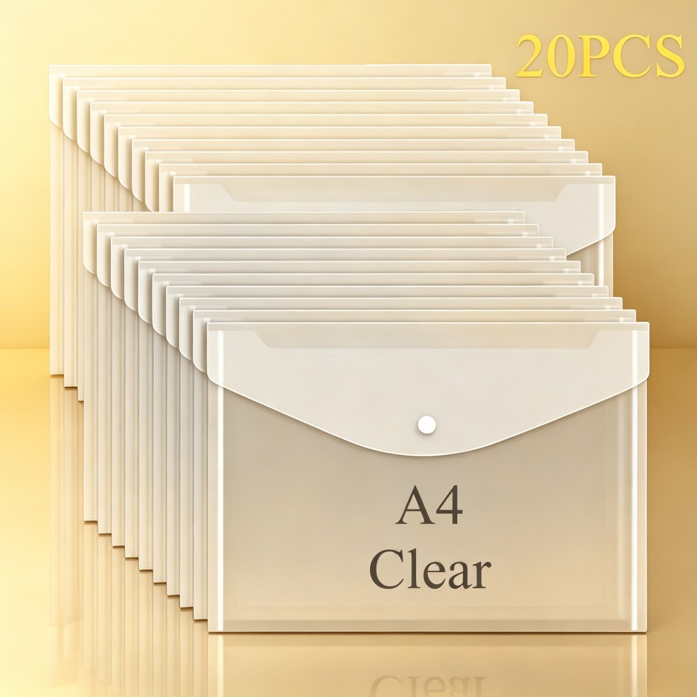 TEMU 20pcs Pack Button File Pockets With Thick Plastic Wear-resistant Suitable For Office Binder Organizer, Snap Button Closure Document Holders For