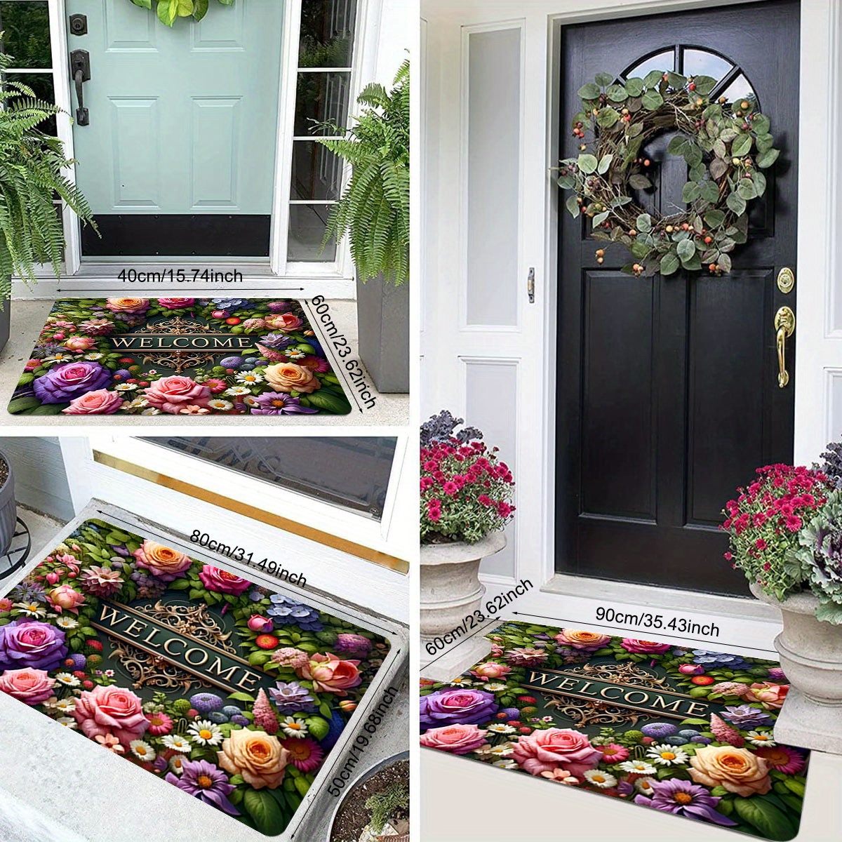 welcome floral doormat polyester non slip stain resistant lightweight washable rectangular entrance mat with     indoor outdoor christmas thanksgiving valentines easter graduation details 0