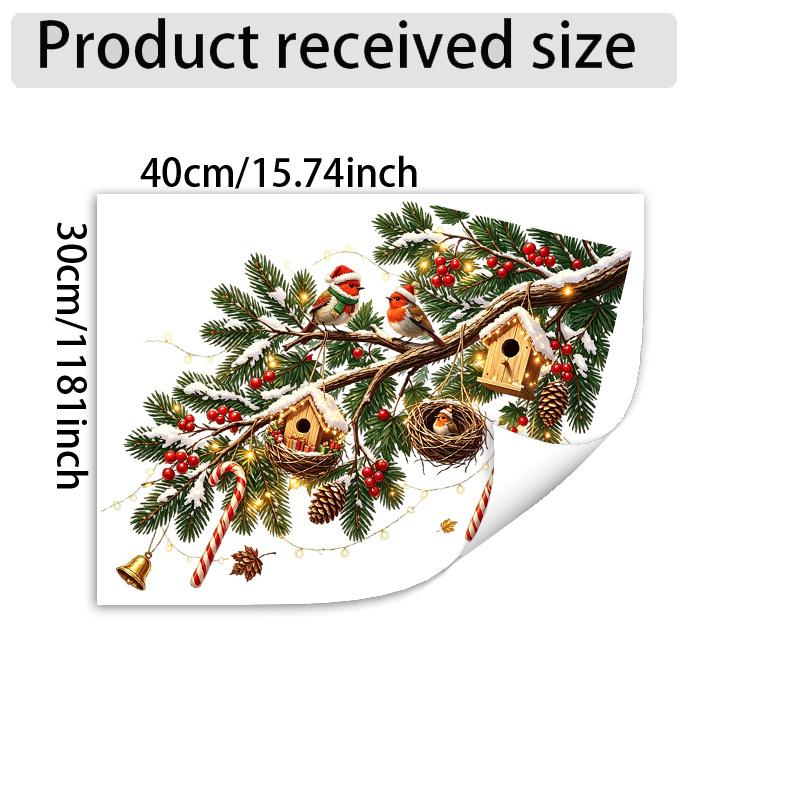 TEMU A Christmas Winter-themed Sticker Featuring Snow-covered Pine Branches, A Bird Wearing A Santa Hat, A Birdhouse And Nest, With Patterns Of Red