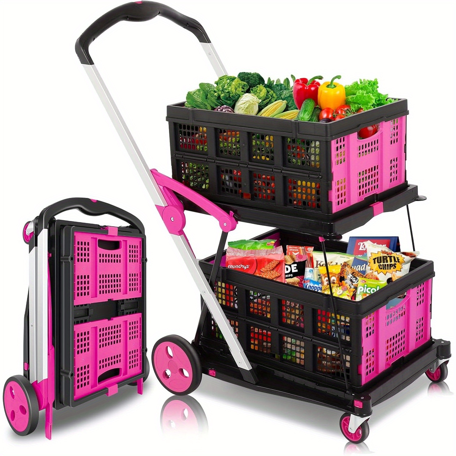 GCCSJ 2-Tier Folding Utility Cart with Wheels - Pink & Black Durable Plastic Shopping Trolley for Groceries, Malls, and Outdoor Use, Foldable Design for Easy Storage, Grocery Cart, Mall Shopping, Foldable Trolley, Sturdy Handlebar