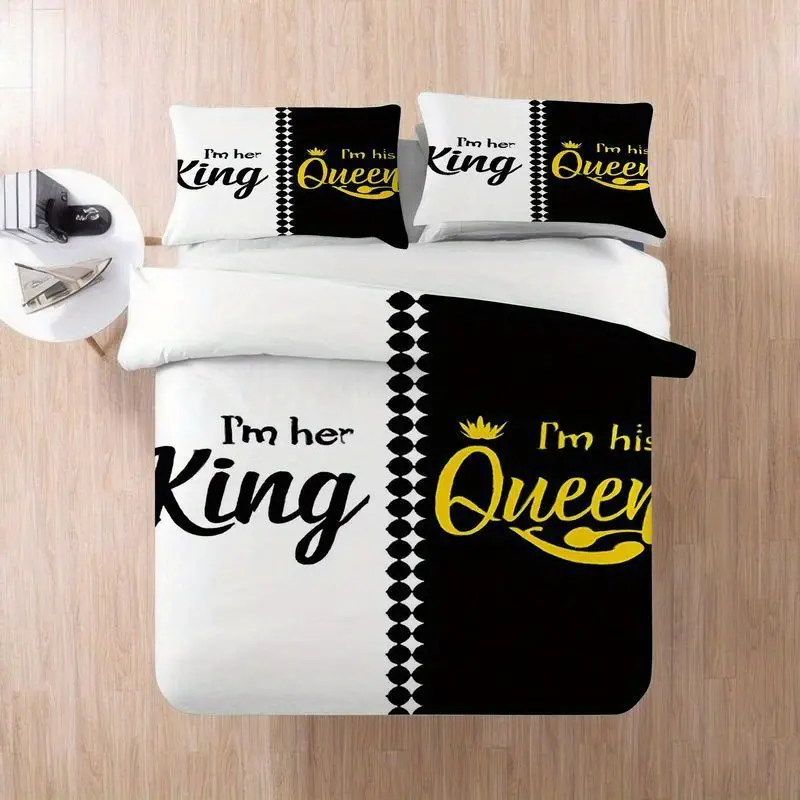 3pcs couples king queen bedding black duvet cover with pillowcases his and her side luxury pattern gift bedroom decor soft microfiber fabric 1 2 pillowcases Product details 5