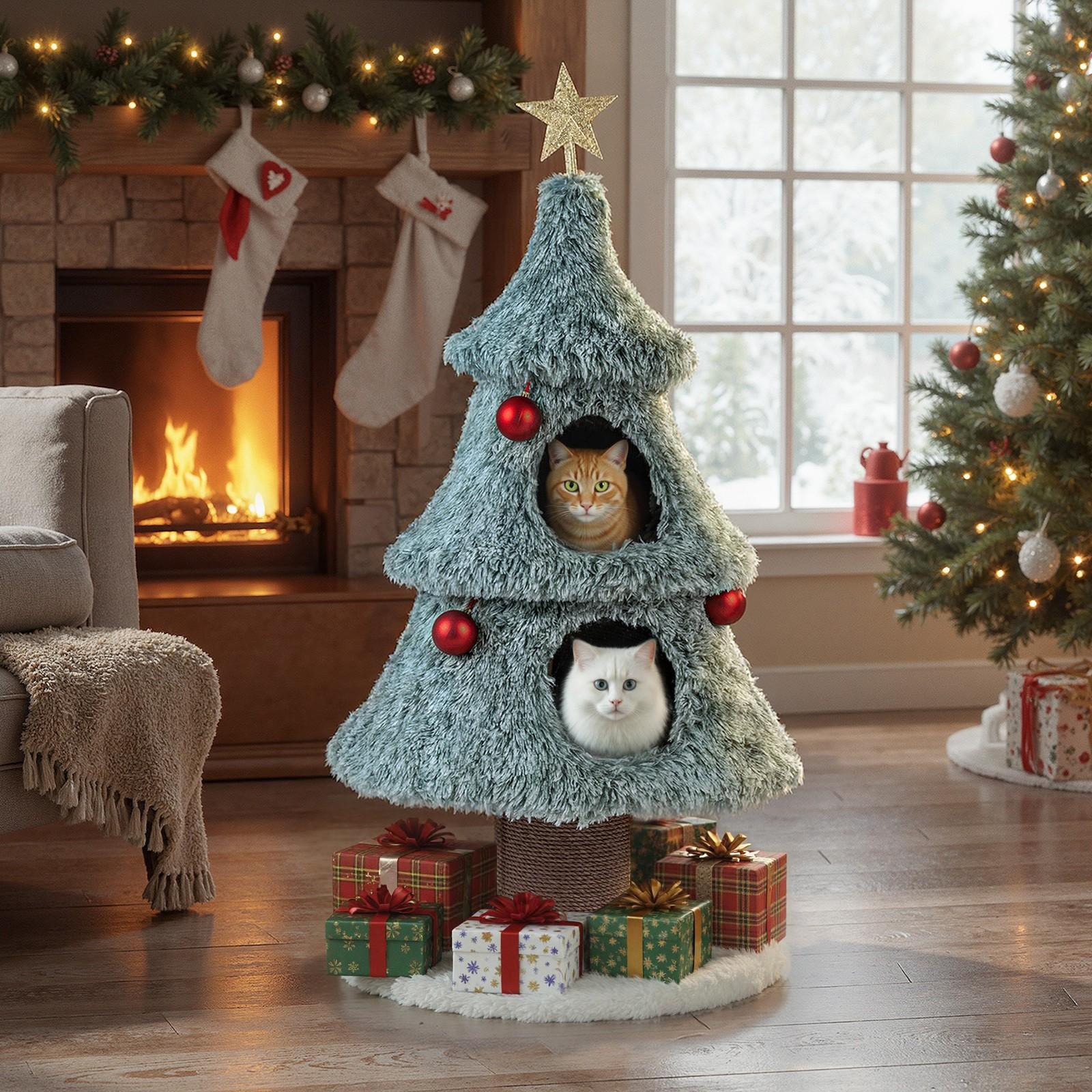 TEMU Lifezeal 123cm Cat Tower Featuring 2 Condo Spaces, A Trunk-shaped Scratching Post, And Decorated With Christmas Balls And Star Ornaments