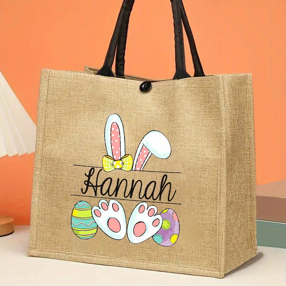 

1pc Customized Personalized Jute Tote Bag With Easter Bunny And Name, Burlap Gift Bag, For Easter Egg Hunt, Custom Easter Party Favor Bag