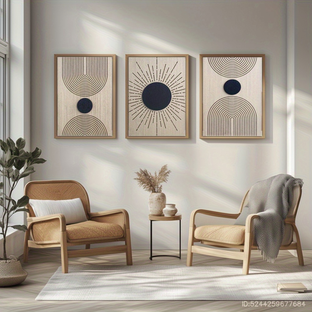 TEMU 2d Flat, 2d Flat, Paintings, 3pcs Minimalist Modern Abstract Framed Canvas Wall Art Set - Beige, Black, Brown, White, Gray Neutral Tones - Thick