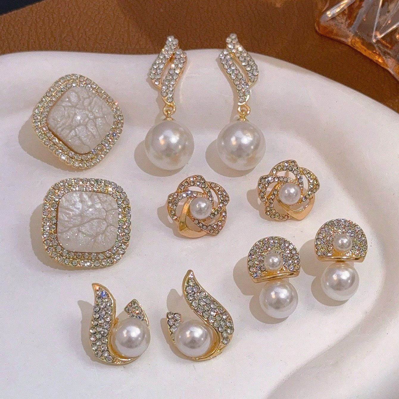 TEMU Ensemble de 5 paires de boucles d'oreilles élégantes et vintage de style français, en verre artificiel de luxe avec irréguliers craquelés,