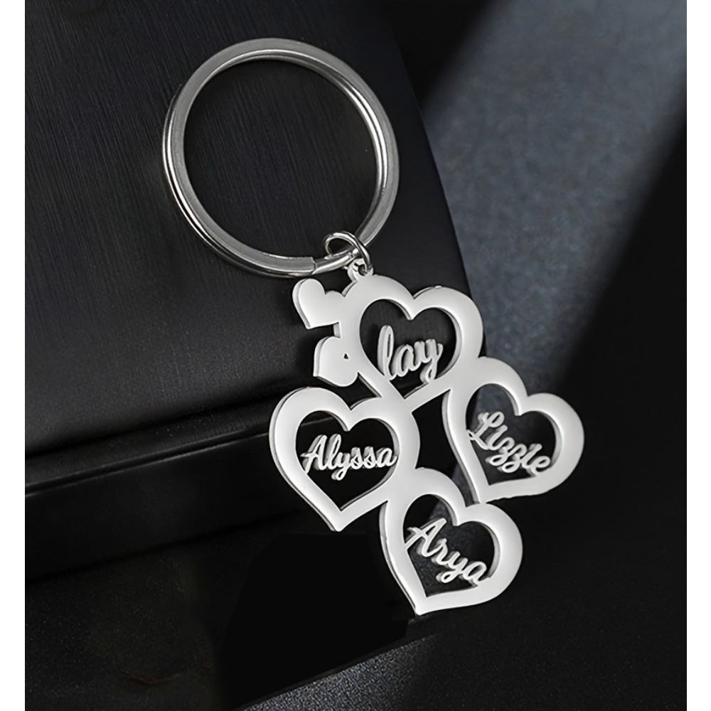 TEMU Custom Keychain Without Chain: A Made Family Keychain, An Personalized Heart-shaped Multi-name Pendant, Stainless Steel Keychain, Women's