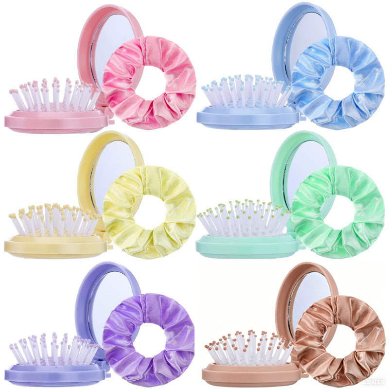 TEMU 12pcs Mini Folding Hair Brushes With Mirror And Macaron Color Hair Ties Portable Travel Hair Comb Gift Set For 6 Hair Brushes And 6 Hair Ties