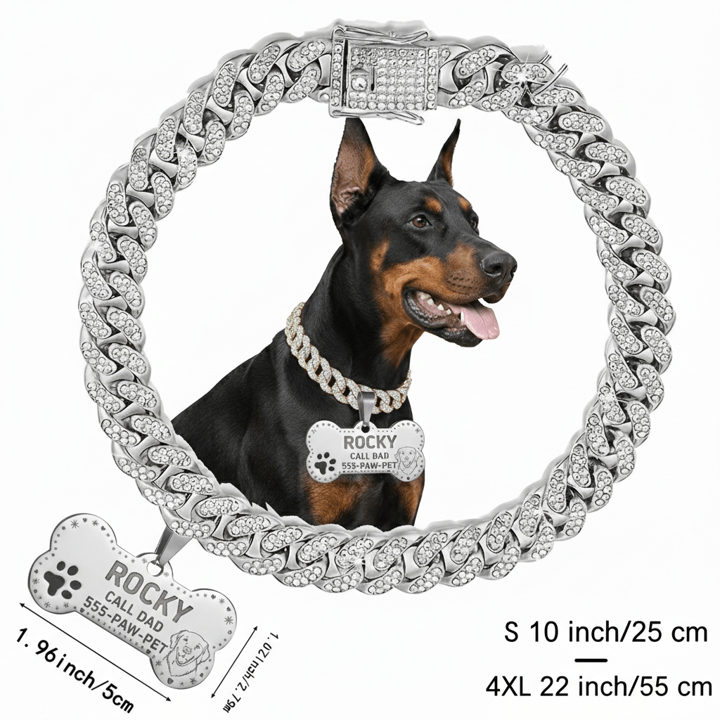 Custom Cuban Chain Dog Collar with Engravable Name and Phone Number Tag | Suitable for Small Medium Large Dogs | Pet Lover's Custom Gift · Cat Collar & Pet Identification Accessories