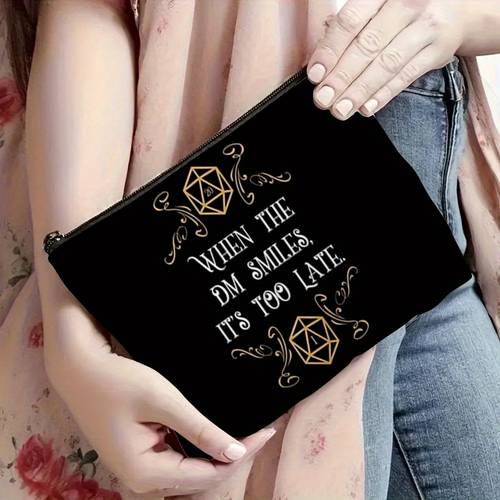 1pc pixeptional Gaming Makeup Bag & Travel Organizer - When Inspired Cosmetic Case, Black with Golden Dice Graphic, Compact Toiletry/Pencil/Gift Bag for Tabletop RPG Fans, Travel, , Gifts