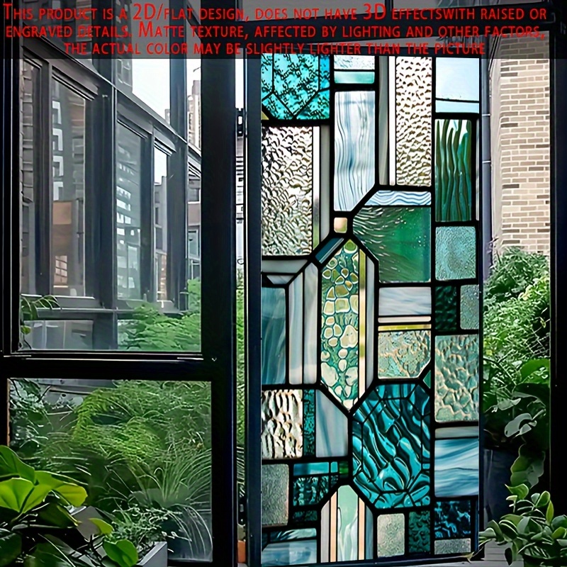 TEMU 1pc 2d Large Size 19.7x35.4 Inch Privacy Window Film - Modern Teal Stained Glass Pattern Static Cling Pvc Decorative Sticker, Suitable For Glass