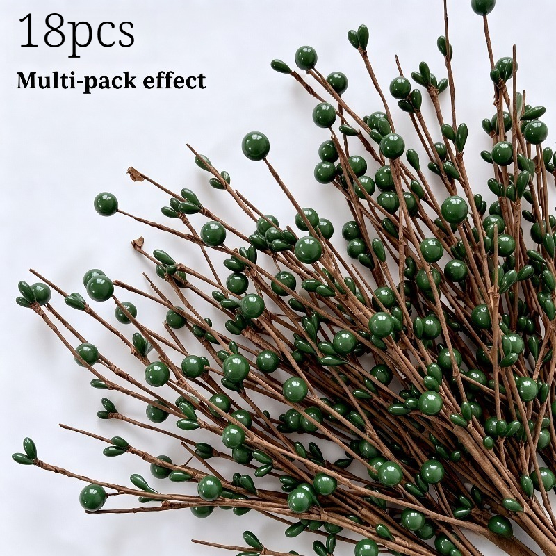 TEMU 18pcs Christmas Thanksgiving Artificial Green Solid Berry Flower Stems, Autumn Winter Christmas Artificial Flower Decor, Hand-twisted Stems,