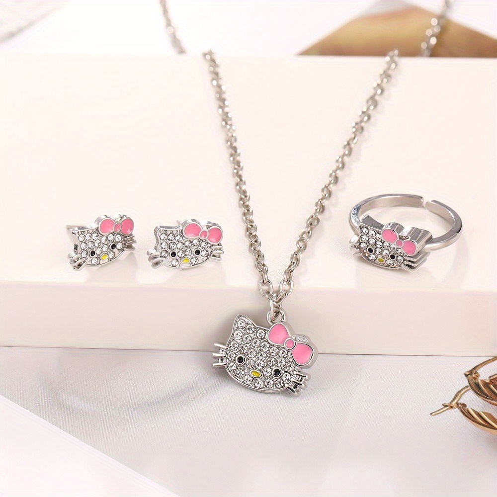 TEMU Authorized 4pcs Set For Hello Kitty Zirconia Jewelry Cartoon Cat Girlfriend Gift Ring Necklace
