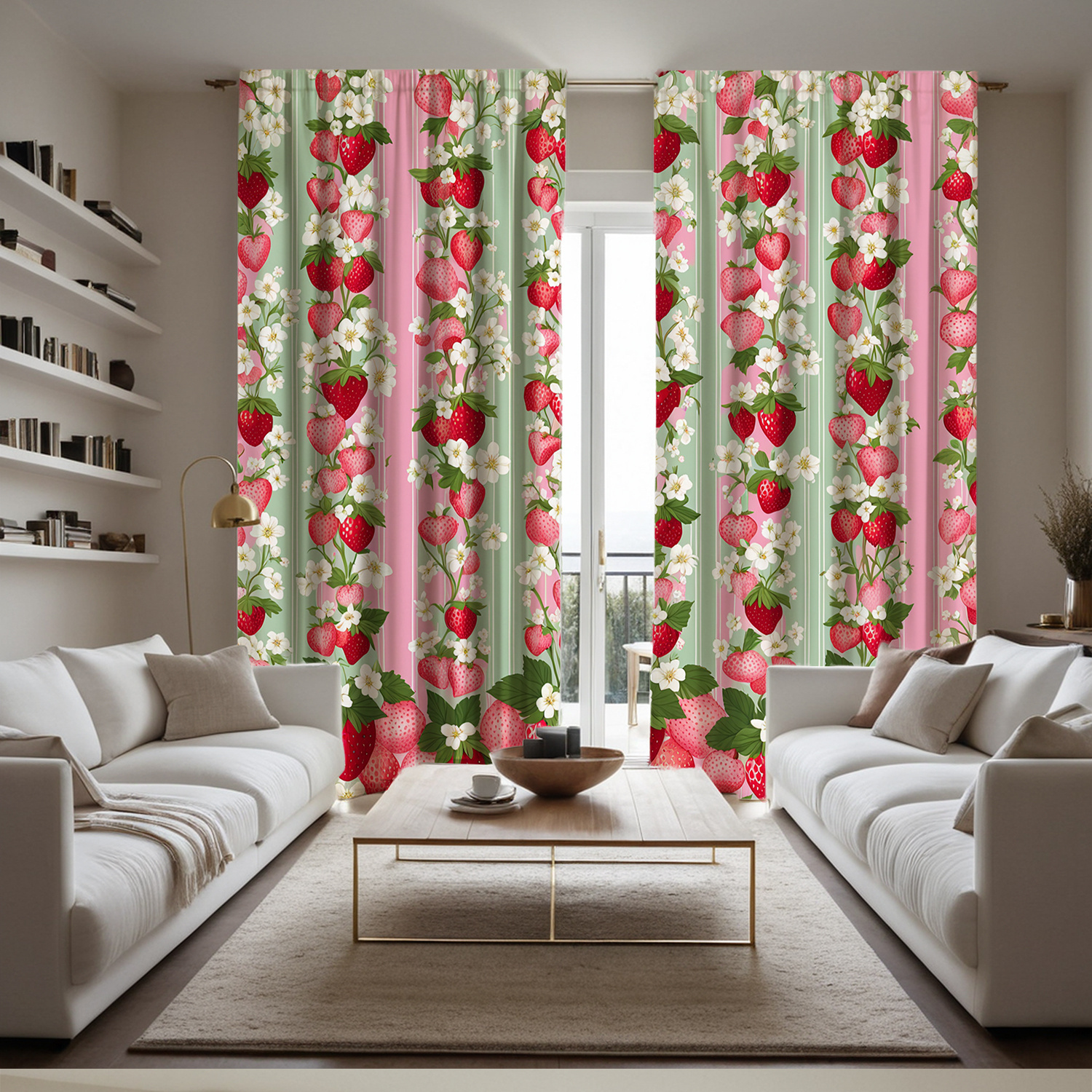 

2pcs Vibrant Strawberry Print Curtains - Hd , Rod For Living Room & Bedroom Decor, Machine Washable Polyester