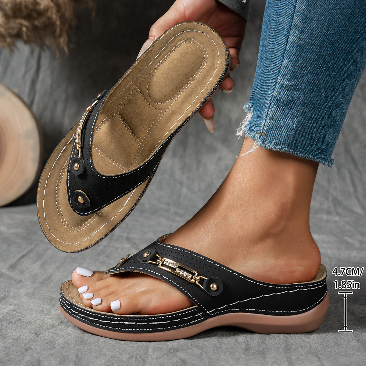 2025 Affordable Women's Fashion Wedge Sandals - with Arch Support, Breathable PU & Synthetic Material Upper, Solid Color Casual & Formal Daily Comfort Slippers, Comfortable Slip-On Flip-Flops, Outdoor Beach Slippers, Women Shoes