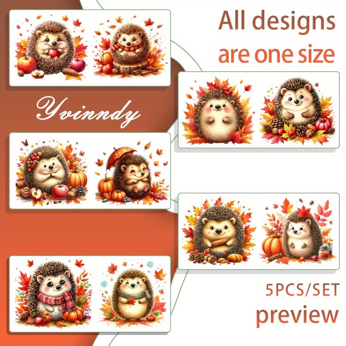 TEMU 5pièces/SET Le petit hérisson en automne DIY Light Beigeny Tumblers de transfert décoratif UV DTF Hauts Wraps auto-adhésifs Décor Transfert de