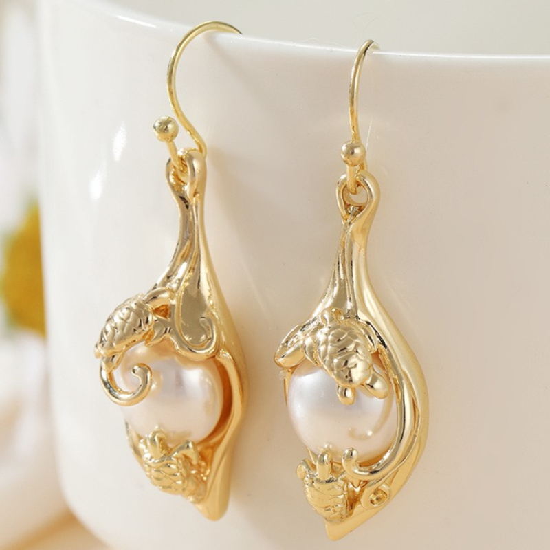 TEMU Pendientes colgantes de perlas artificiales hawaianas de color dorado estilo vintage, hechos de cobre, ideales para regalos de diarios con
