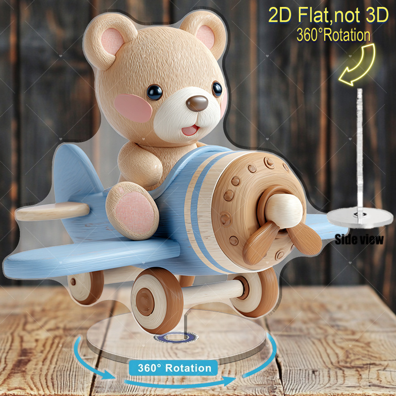 TEMU 2d Flat, 2d Flat Rotating Teddy Bear Airplane Model- 2d Printed Acrylic 360° Rotating Bear With Lifelike Eyes, Perfect For Home Decor, Christmas