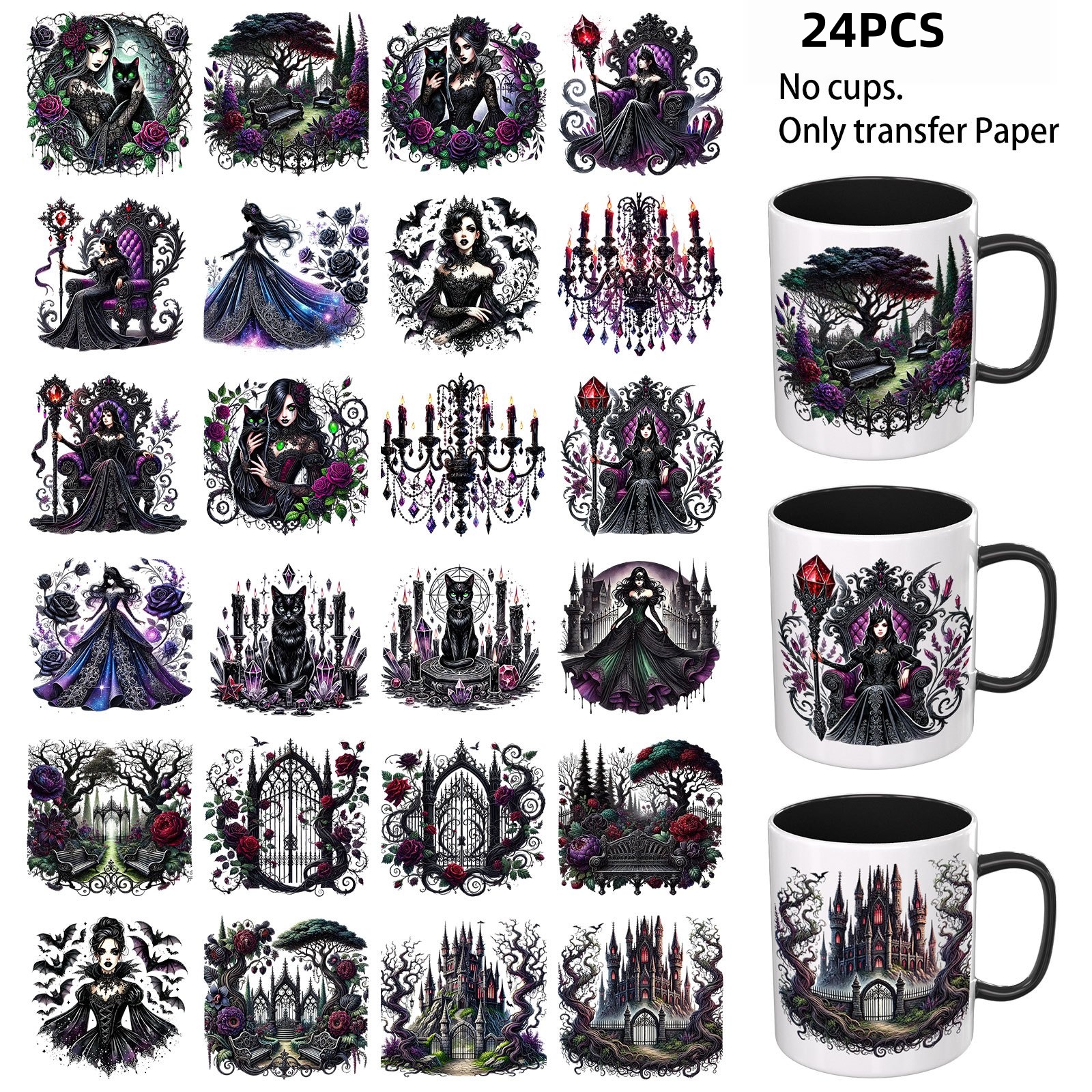TEMU 24pcs Gothic Princess Uv Dtf Cup, Suitable For Mugs, Glassware, Tables, Chairs, Computers, Etc., High- Uv Dtf Transfer Paper ( Transfer Paper
