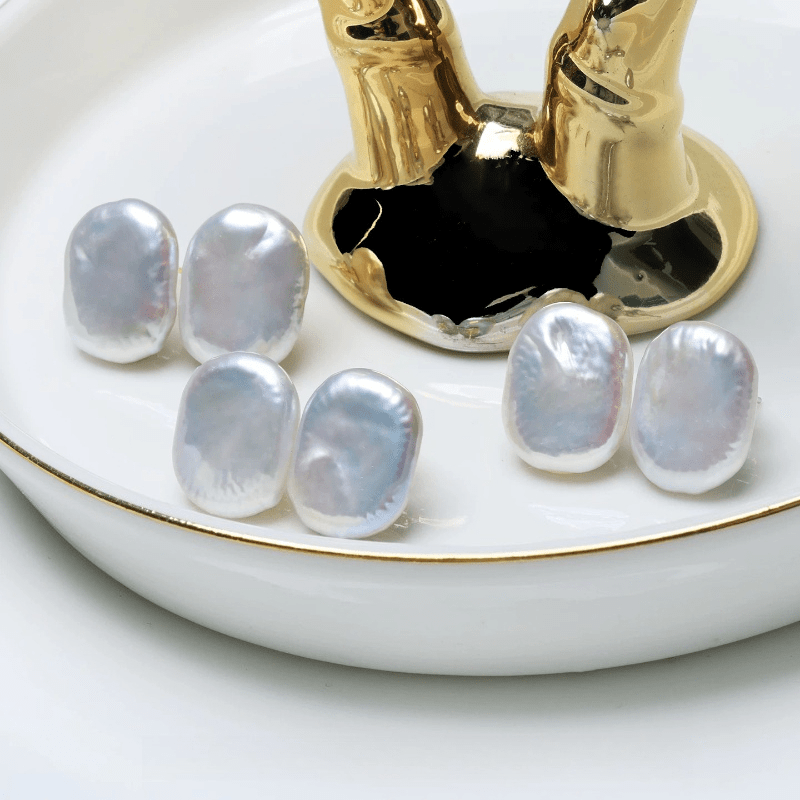Women's 925 Silver Oval Baroque Pearl Stud Earrings