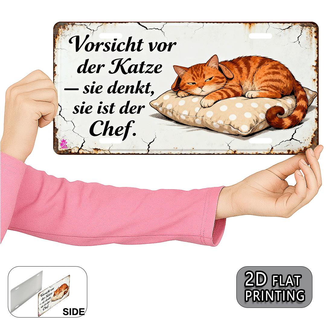 E-shop 2D Flach, 1 Stück Vintage Katze Metallschild - 30,48x15,24cm Aluminium Wanddekor mit "Vorschicht Vor Der Katze" Deutschem Zitat, Rustikal für