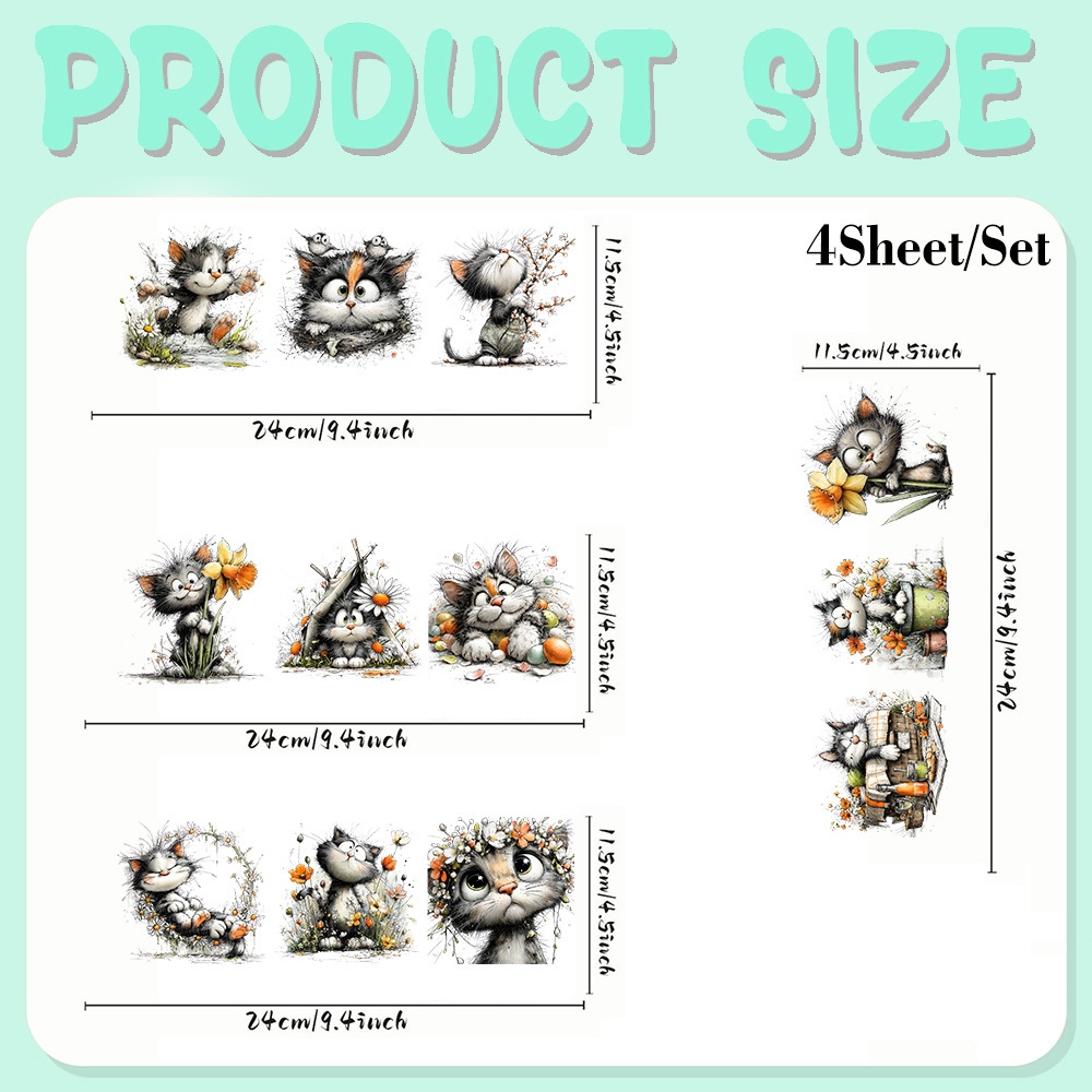 E-shop Ein Set aus 12 Aquarell Grau Cartoon Katze Blumenmuster Tasse Körper Aufklebern zur Dekoration, UV DTF Transfer Aufkleber, Selbstklebende
