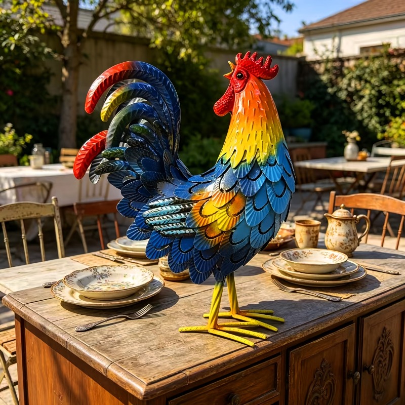Image of 3d Metal Rooster Garden Decor, Hand-painted Chicken Sculpture, Rustproof Outdoor Yard Art For Patio, Lawn, Farmhouse, Shui Decor