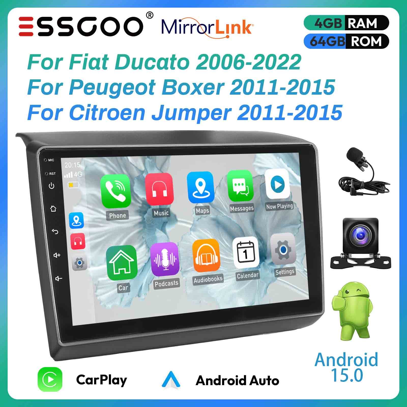 Image of Essgoo 14 Car Stereo For (2006-2022), For & Jumper | 9" 2din Ips | 4gb For 64gb Rom | Auto | Navi, Wifi, Fm Rds, Usb Gps, Swc | Camera & Mic Kit Included, Without Battery