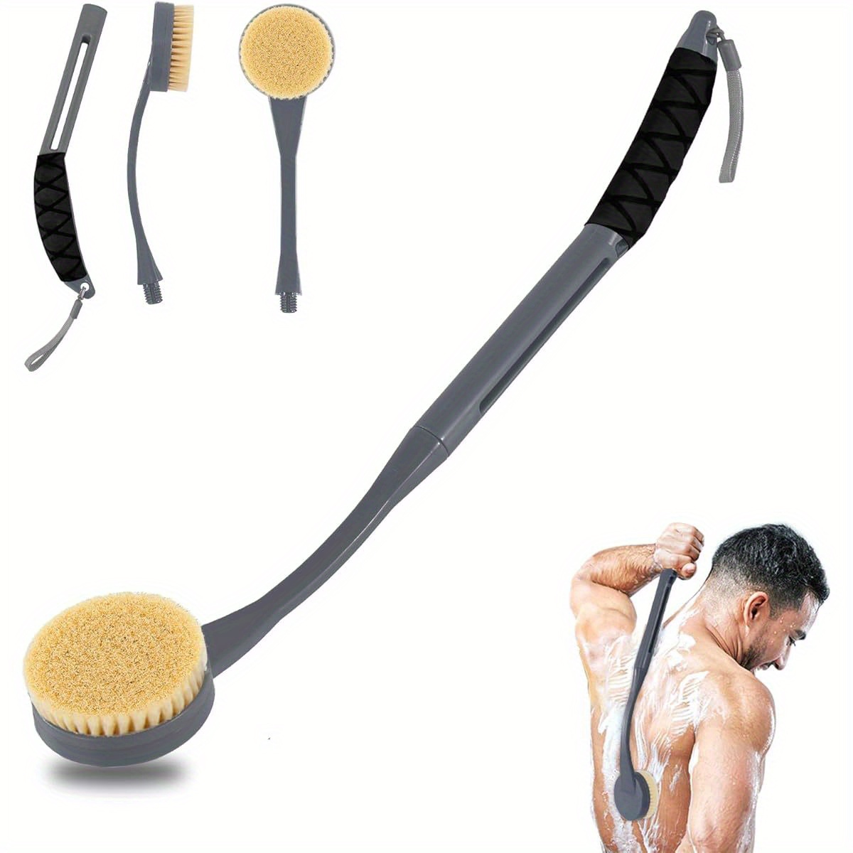 20 5 long handled back scrubber for shower deep cleaning bath brush with   non   soft brush heads for men women grey shower cleaning accessory ergonomic bath brush durable shower brush Product details 0