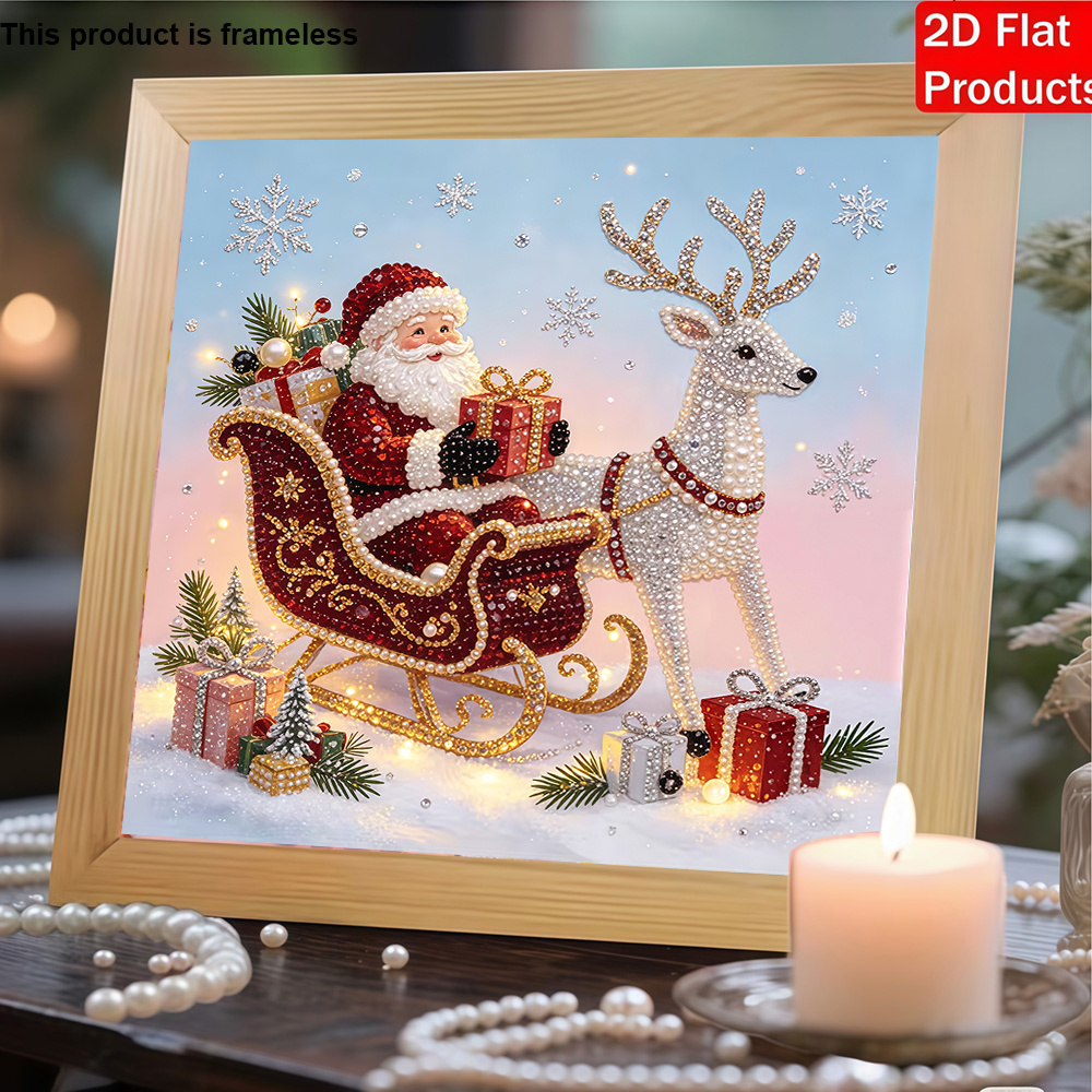 TEMU New 2d/flat Printing Pearl Painting Kit Featuring A Santa Claus, Reindeer, And Sleigh Pattern With Rhinestone Inlays. This Kit Uses Unique
