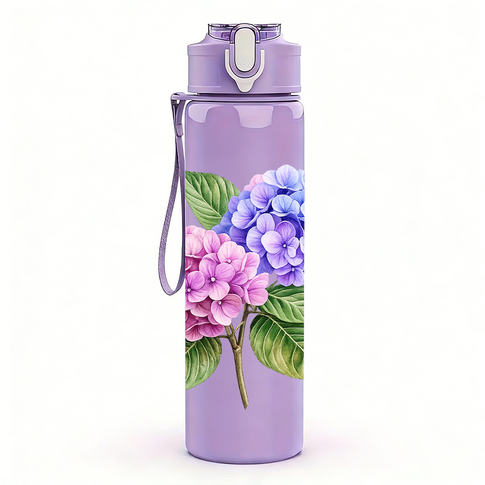 TEMU 1pc Purple Pink Hydrangea Bouquet Pattern, 750ml Colorful Plastic Sports Water Bottle, Leak-proof With Pop-up Lid, Suitable For Outdoor