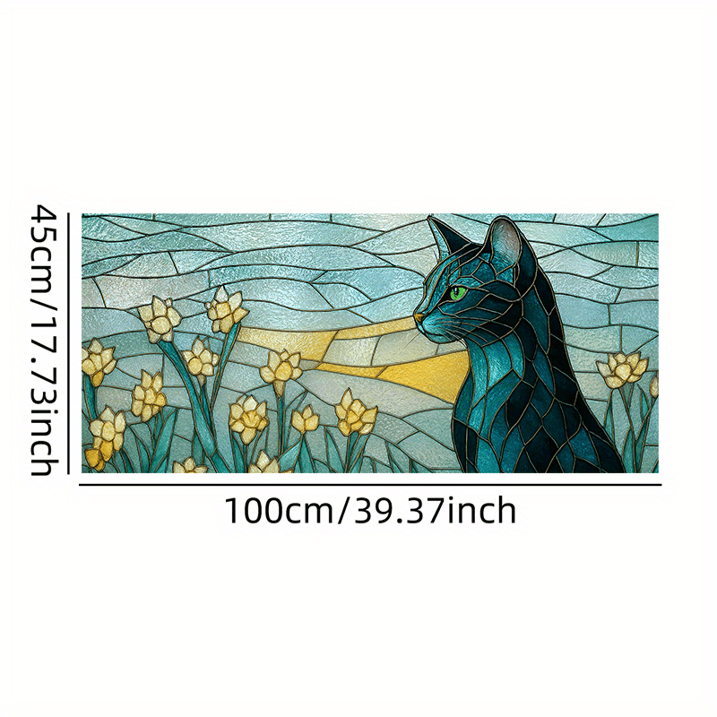 TEMU 1pc 2d Flat Window Film, Black Cat And Flower , Colored Glass, Window Film Pvc Static Sticker Decorative Film, Decorative Glass Stickers,