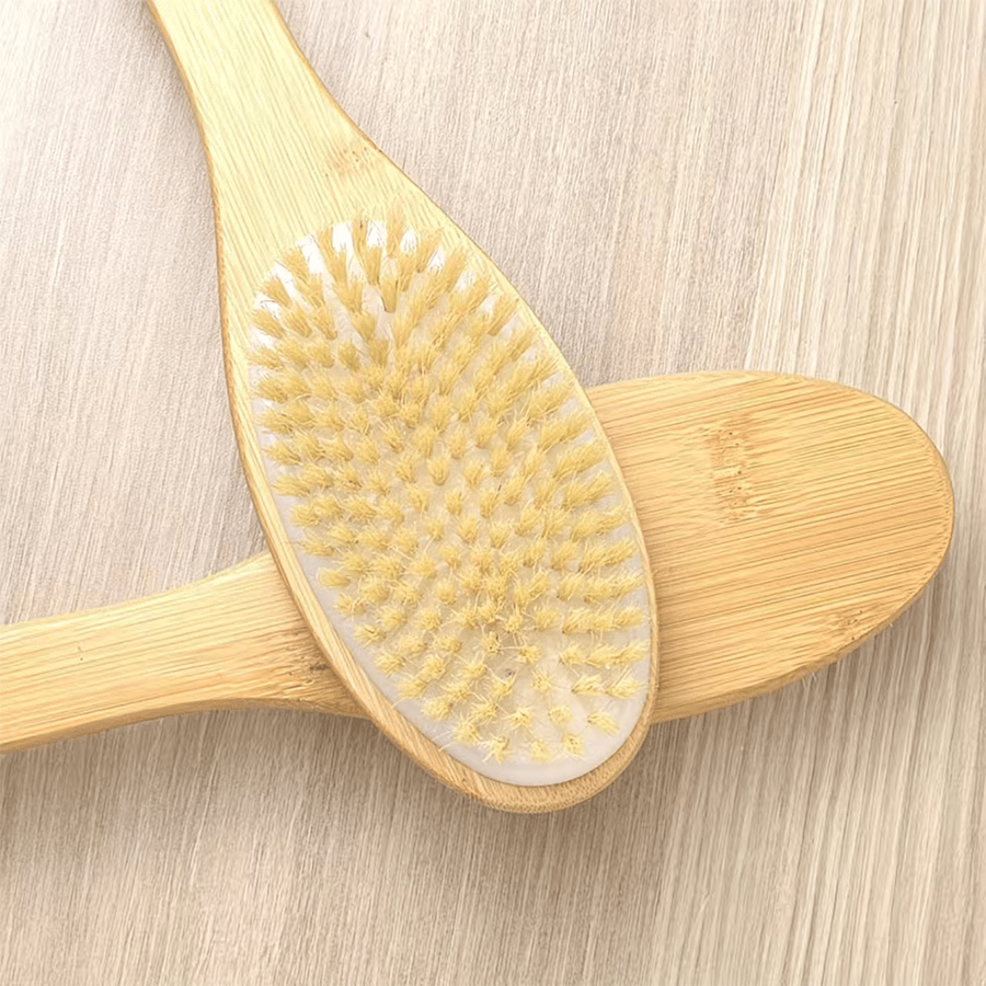 1pc bamboo long handle bath brush, the handle is curved, easy to reach the back, waist and other hard-to-clean parts, wet or dry, remove body dead light beige and   dirt. no power supply required, back scrub brush | bath body brush Product details 6