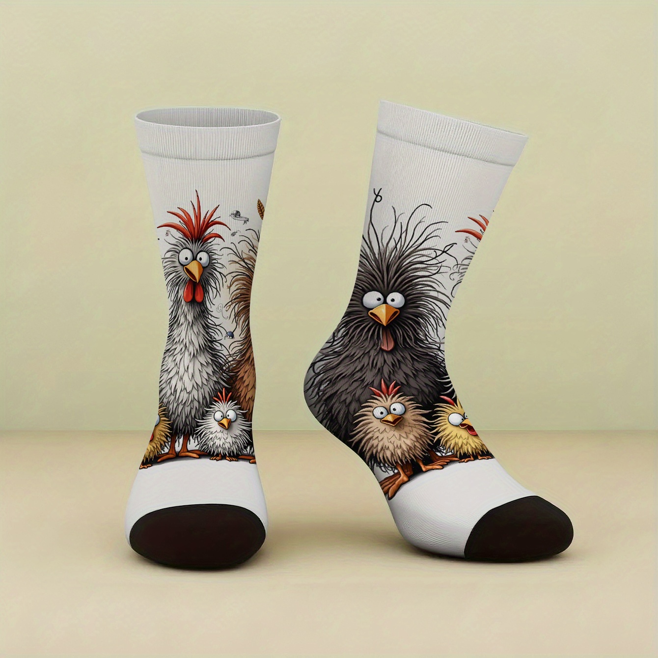 TEMU 1 Pair Of Mid-calf Printed Socks, Featuring A "five Chickens" Hair- Pattern. High-quality Women's Socks, New Autumn/winter Style Comfortable