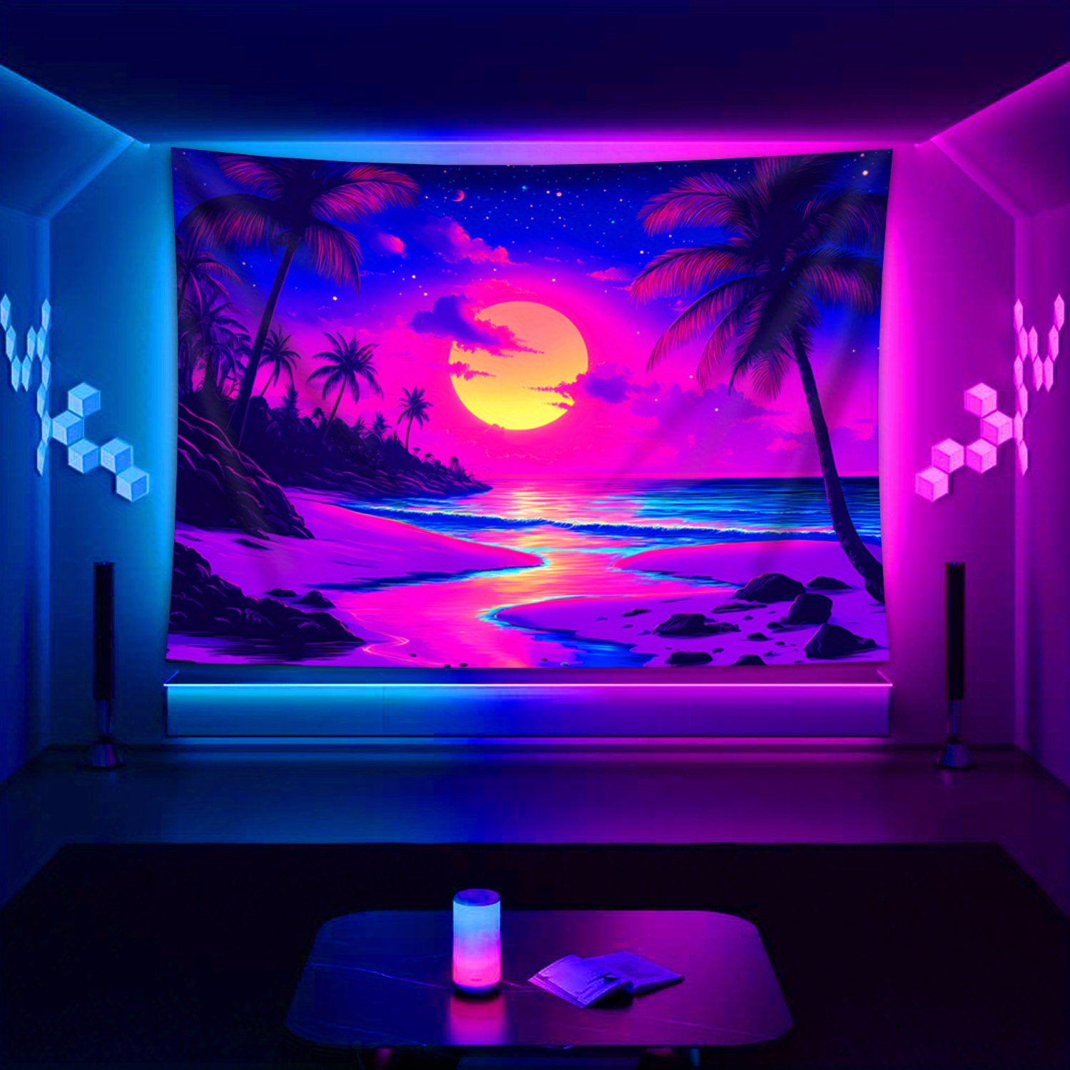 TEMU 1pc , Sunset, Beach, Palm Trees- Glow In The Uv Light Party Banner Tapestry, Large Size Fluorescent Printing Tapestry, Bedroom Hanging Tapestry