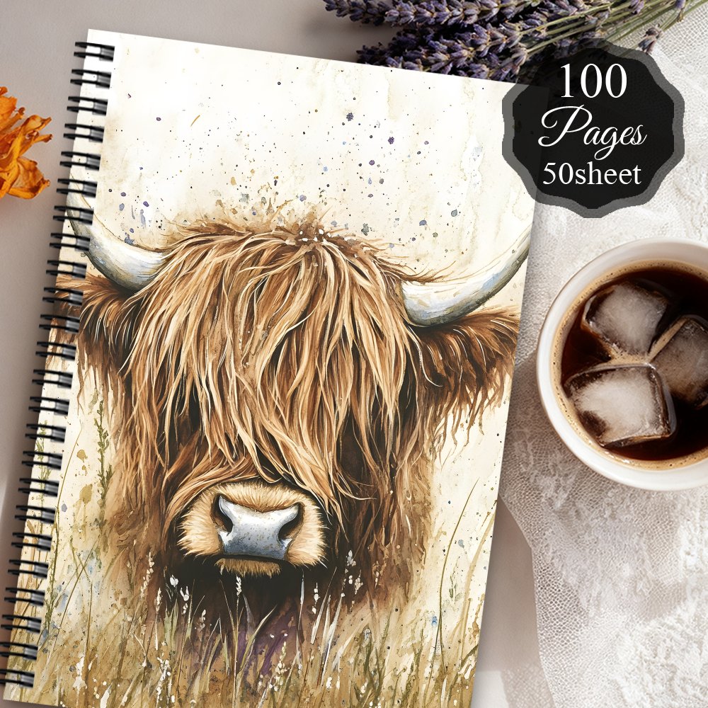 TEMU 1pc Aesthetics Scotland Spiral Borderless Notebook Travel Journal, Blank Sketchbook, Funny Highland Cow Lover Cow Learning Notepads, Cute