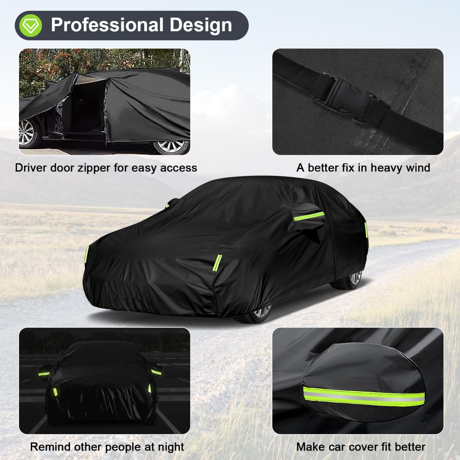 Image of Heavy Duty Car Cover With Reflective Strips For 194-208 Inch Sedan | All Weather Outdoor Parking, Applicable, Made Of Pe Film