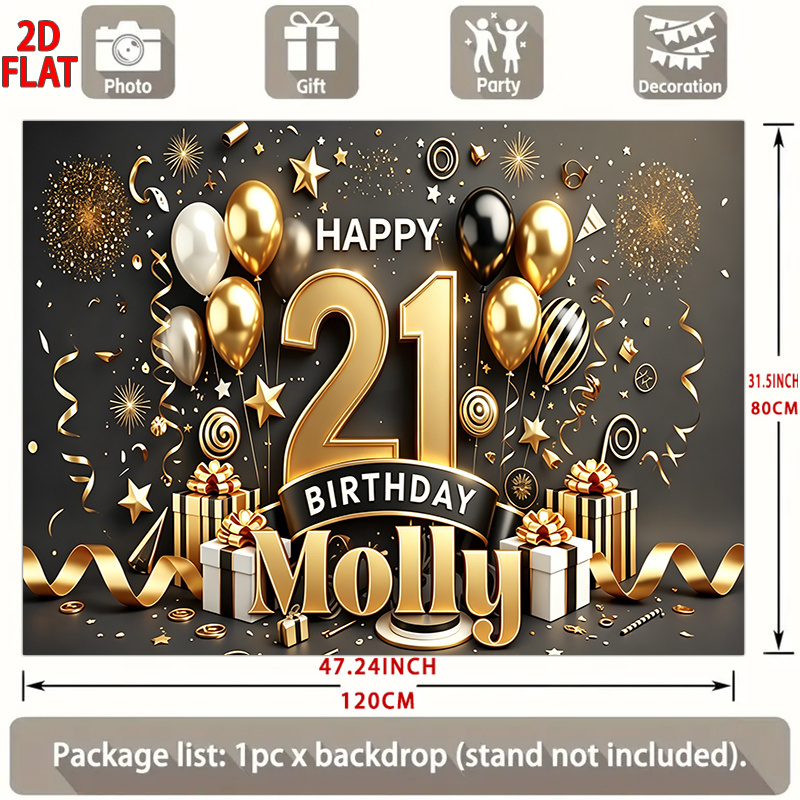 TEMU 2d Flat, 2d Flat Banners, 1pc Customized 21st Birthday Party Background, Golden And Black Balloons With Confetti Pattern Banner, Multifunctional