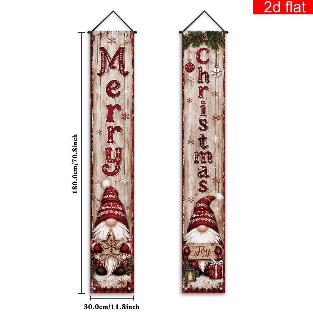 Image of 2d Flat, 2d Flat - 2d Flat Banner, 2pcs Merry Christmas Front Door Porch Sign Party Banner, Polyester, Vintage Wood Grain Background With Christmas Goblin And Gnome Pattern, Winter Christmas