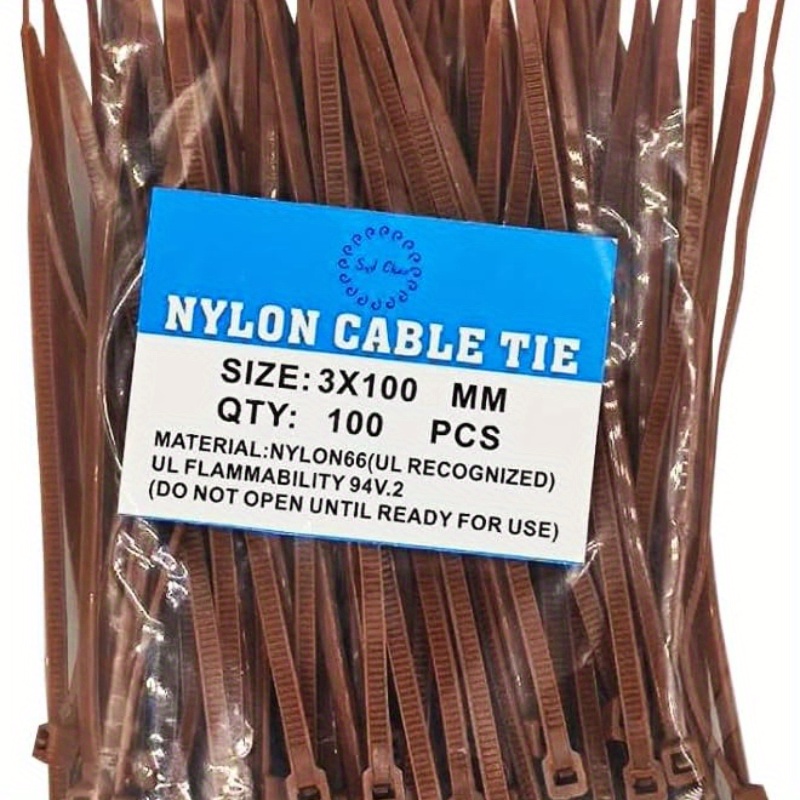 A Pack Of 100 Brown Nylon Zip Ties With A Strength Of 18