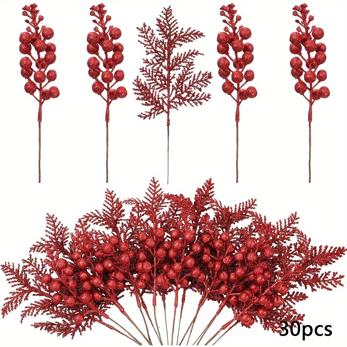 30pcs Christmas Glitter Artificial Pine Needles And Christmas Stems Christmas Floral Picks Branches Greenery Pine For Christmas Garlands Tree Wreath Vase Decoration(golden)