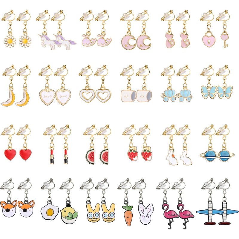Image of 24 Pairs Clip On Earrings Heart Bunny Moon Earrings Animal Earrings Princess Play Jewelry Set Gifts For Women