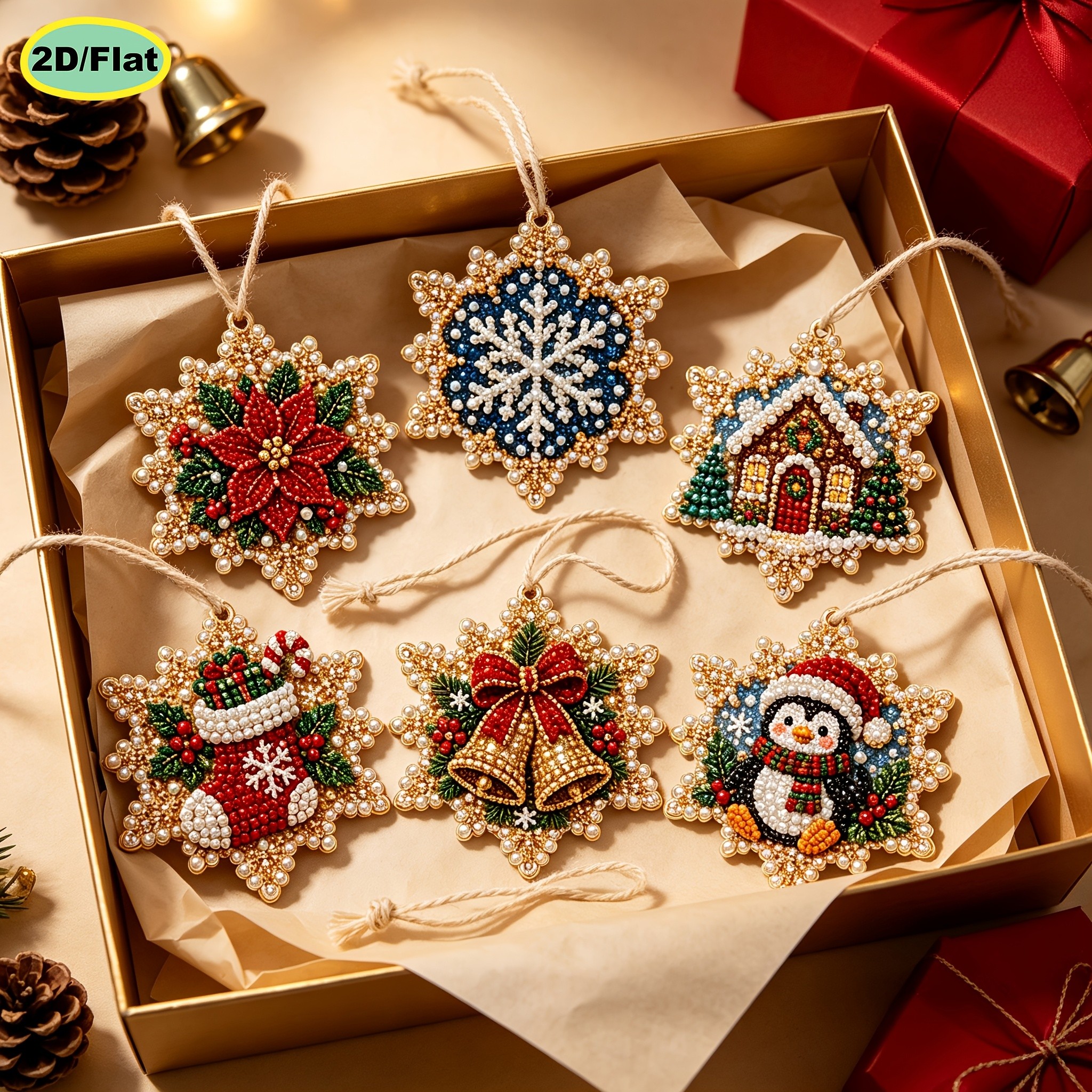TEMU Kit de peinture diamant 2D plat - Ensemble de 6 pendentifs décoratifs, Art diamant 2D plat perle, Pendentif de tag en bois de Noël, Sac de