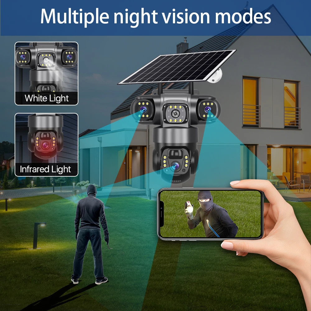 V380 Pro 3 Lens IP Solar Camera Outdoor Security CCTV Night Vision Two-Way Audio Camera Mobile Tracking 4G IP Camera