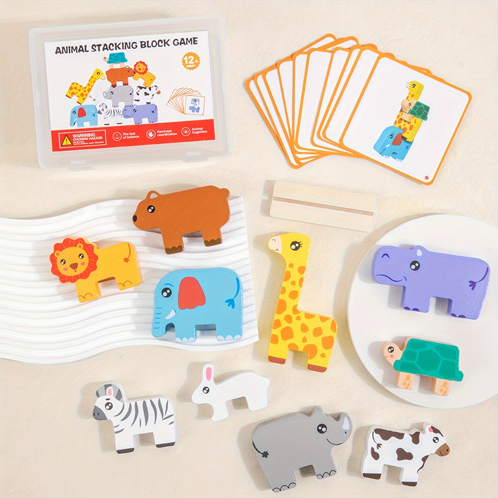 Wooden Animal Sorting & Stacking Blocks Game w/10 Challenge Cards