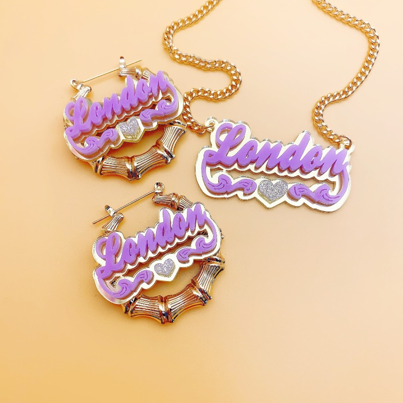 TEMU Custom Acrylic Name Necklace/earrings Set With Glittering Heart Perfect Gift For , Personalized Diy English Letter Pendant, 40mm Round Bamboo