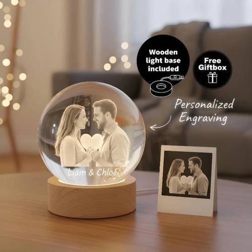 personalized 3d photo glass ball night light engraved led lamp decorative ball battery free powered non waterproof