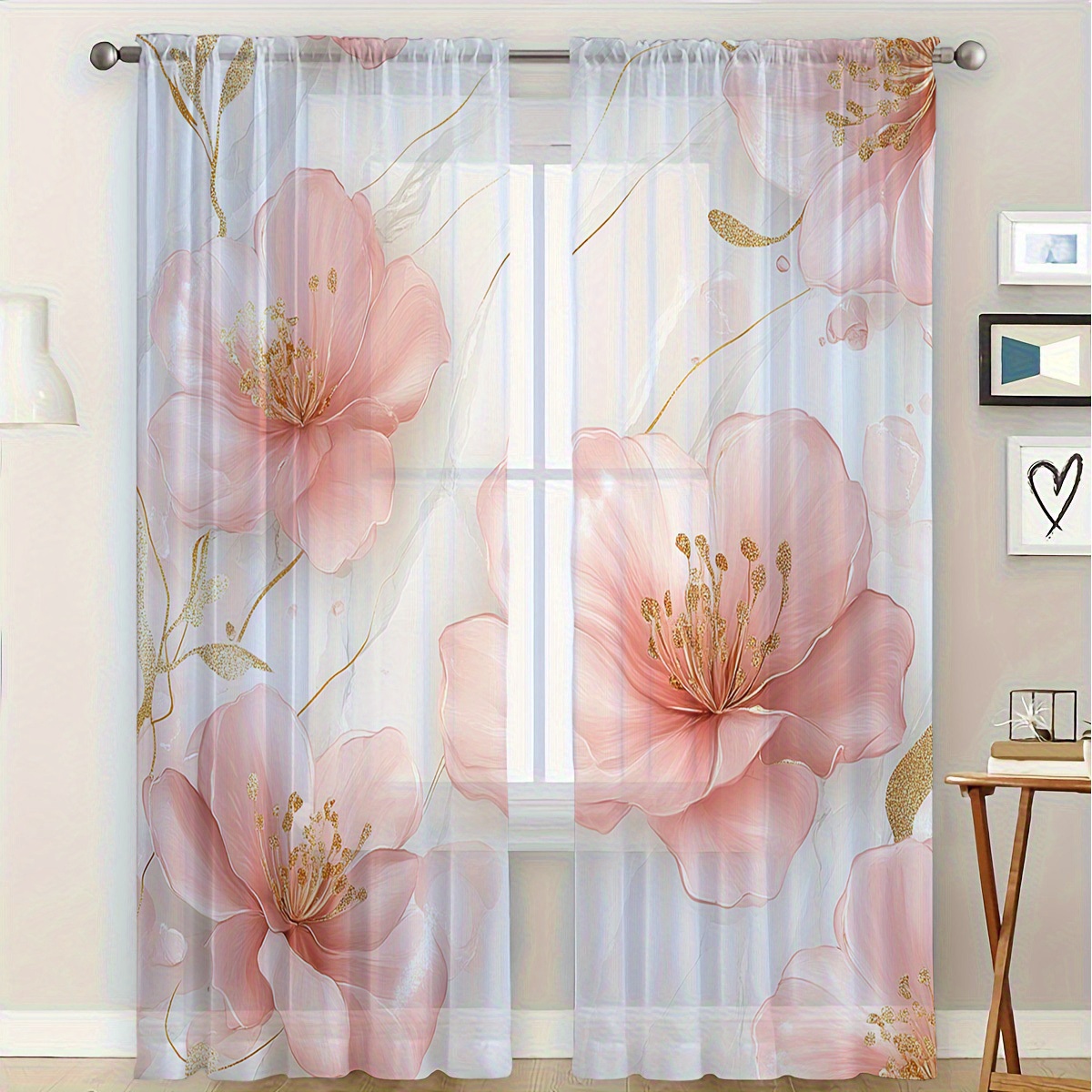 TEMU 2pcs Semi-sheer Window Curtains - Elegant Pink Print With Golden Accent, Floral Drapes For Living Room, Bedroom, Kitchen - Lightweight Polyester
