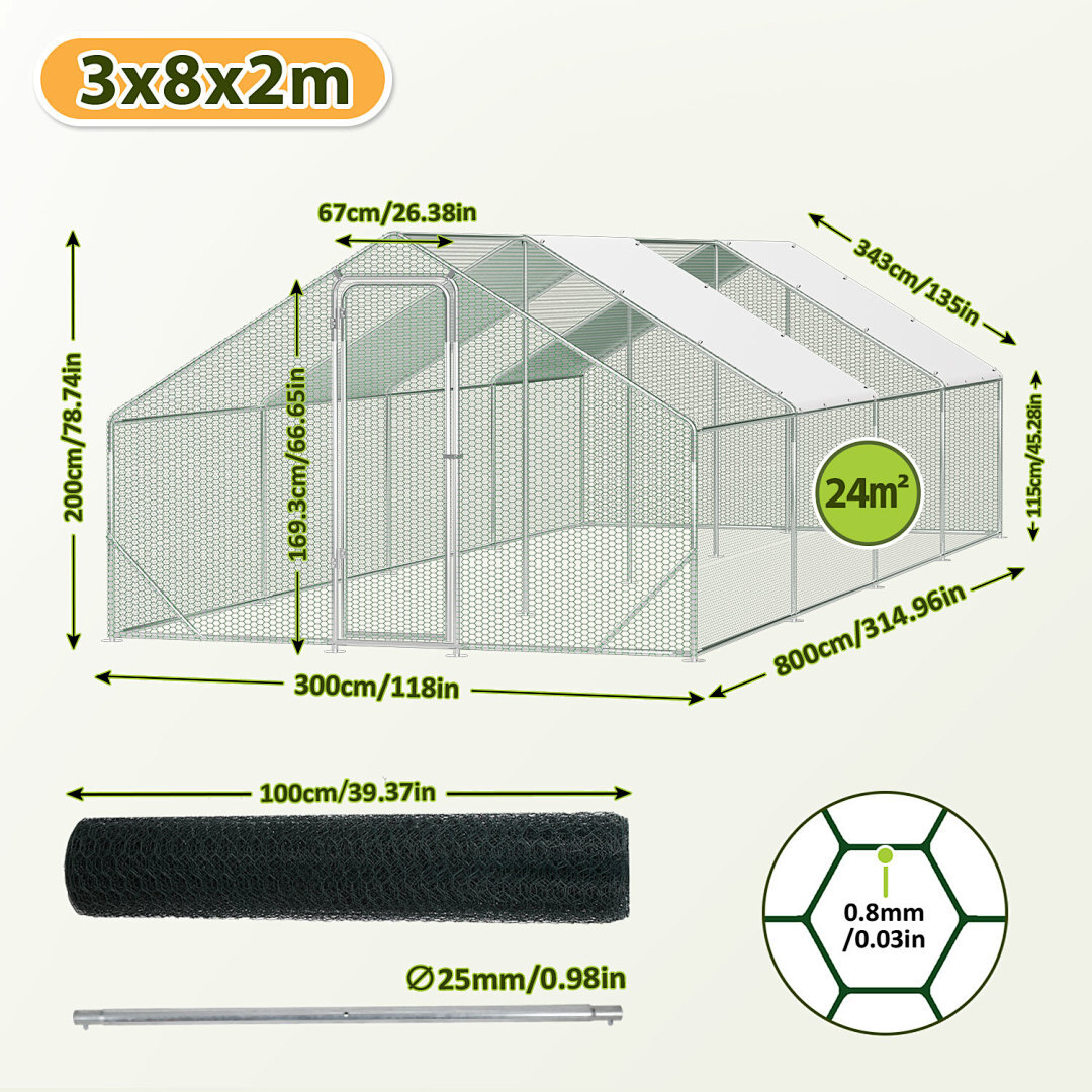 Image of Metal Poultry Cage 3x2x2m(6m2)/3x3x2m(9m2)/3x4x2m()/3x6x2m(18m2)/3x8x2m(24m2), Walk-in Chicken Coop Run With Shade Roof, Latch, Hex Mesh Enclosure For Chickens Ducks Rabbits Dogs