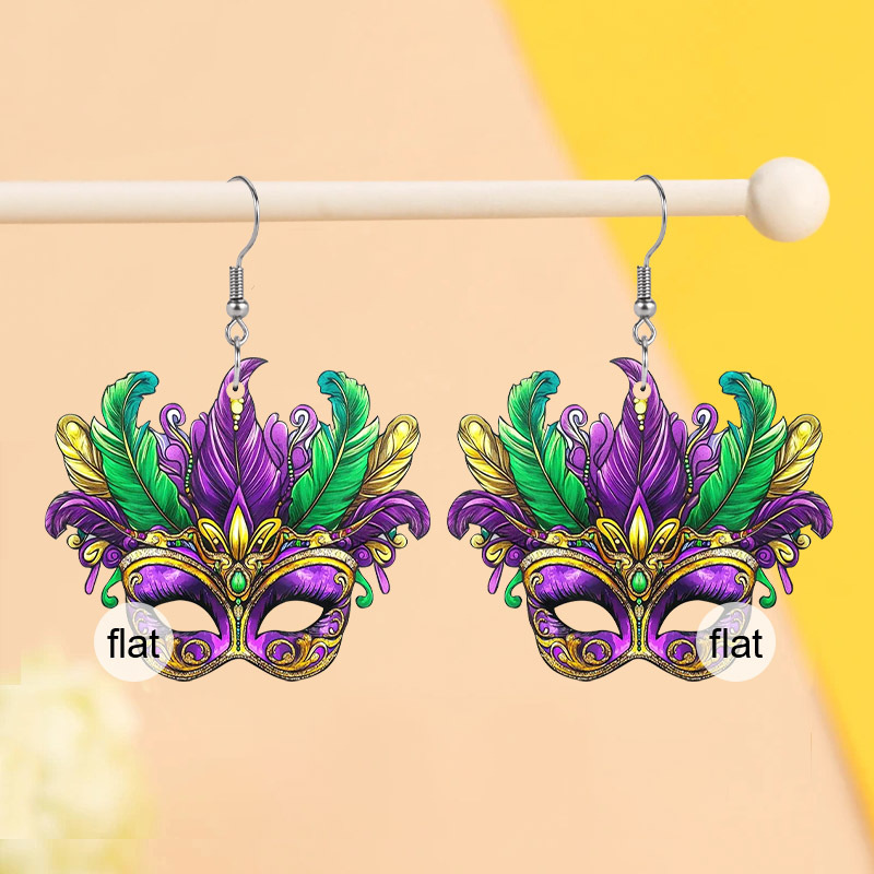 

1pair Y2k Mardi Gras Purple Mask With Feather Pattern Wooden Earrings For Women Female, Happy Mardi Gras Women' Earrings, Perfect Gifts For Valentine's Day, Day, Birthday